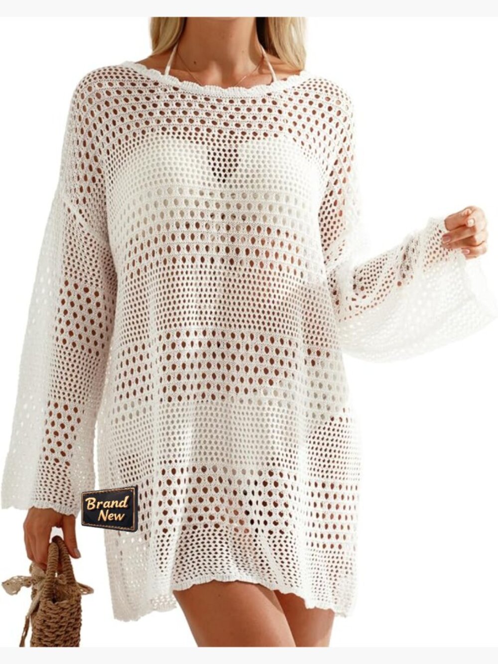 Crochet Swim Cover Up Dress Summer Beach Mesh Knit Hollow Out Loose Fit Pull-On